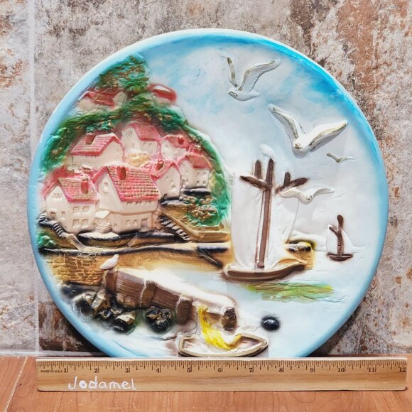 Vintage Chalkware Plaster Plaques 3D Wall Hanging Plate Seaside Seagulls Houses - Picture 4 of 11